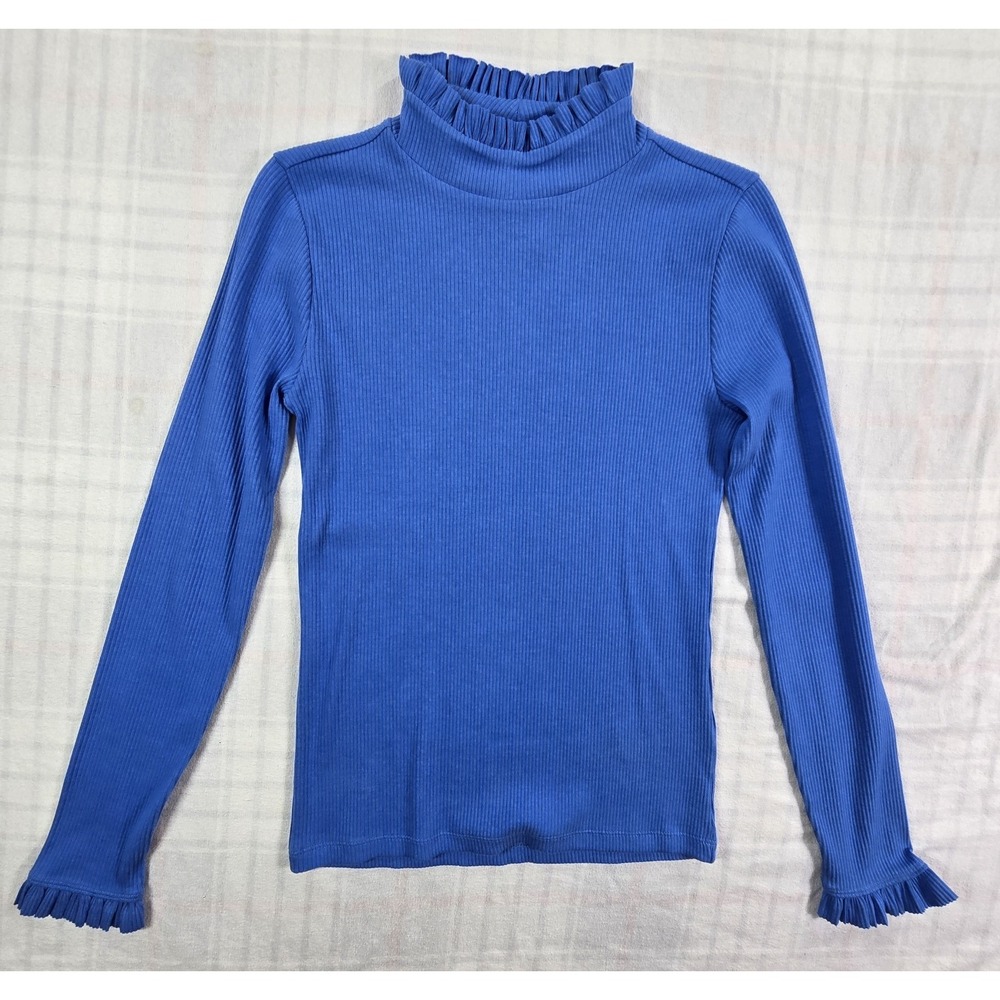 J. CREW Vintage Rib Ruffle Mockneck T-shirt Long Sleeve Blue Womens S NWT